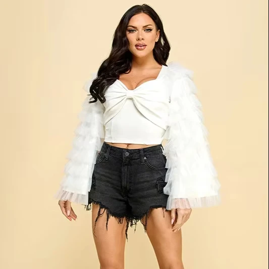 Women's White Tulle - Ruffled Crop Top With Bow - Flared Sleeves, Elegant Style, Ideal For Party Gatherings