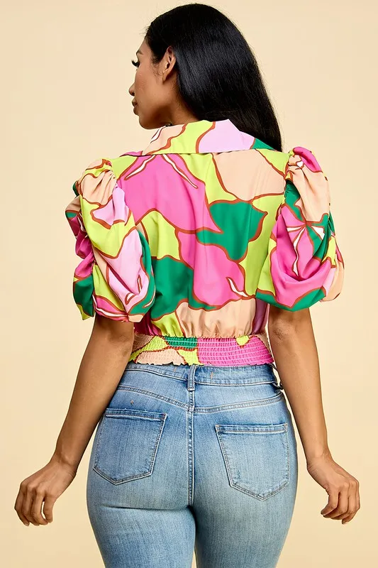 Women's Sexy Floral Summer Spring Short Sleeve Blouse-vibrant Color Puff Sleeves Tie-front For Casual Wear