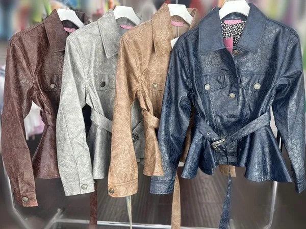 Hot Women's Tight Waist Pu Leather Jacket Lapel Single-breasted Ruffled Hem Fashion Jacket