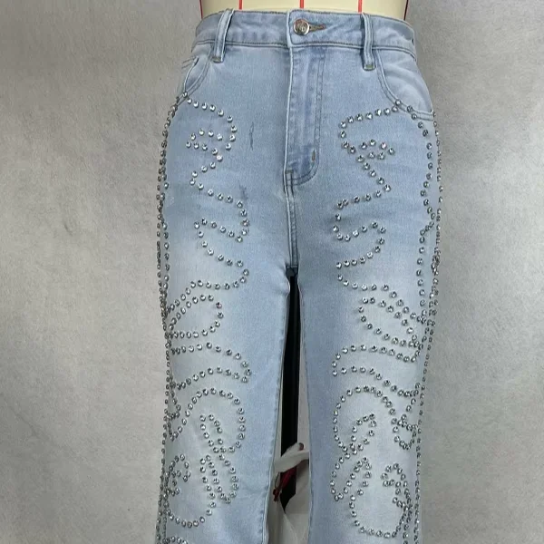 Women's High-waisted Flare Jeans For Nightclub Rhinestone Embellished Trendy Skinny Denim Washable Great For Summer Hangouts
