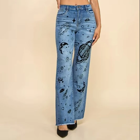 Women's Patterned Plush Embroidery Casual Jeans
