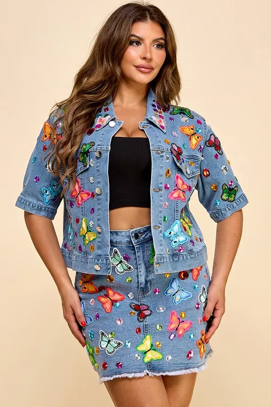Women's Cute Embellished Denim Summer Suit Skinny Short Jacket & Skirt With Butterfly Decal For Music Festival Vacation Travel