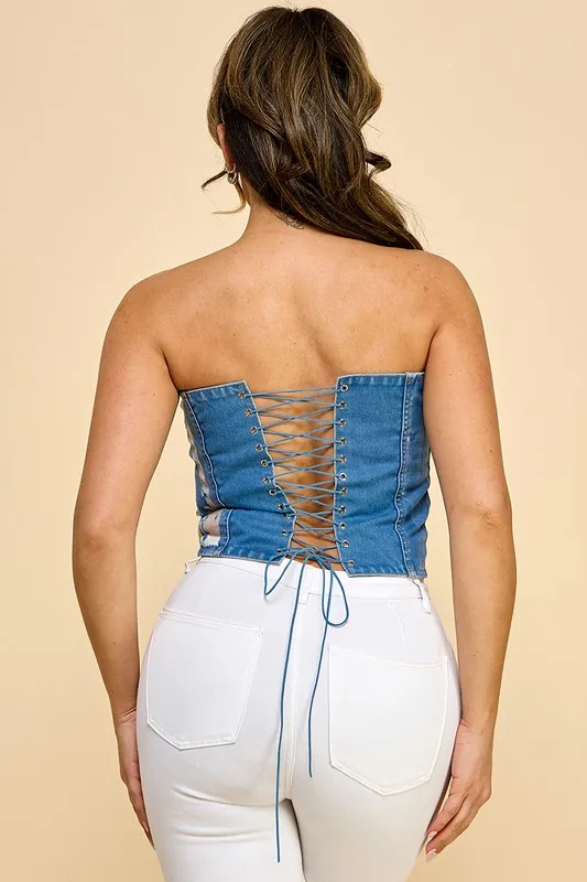 Designer Strapless Burned Out Women's Denim Tops Sexy Street And Party Wear Blouse