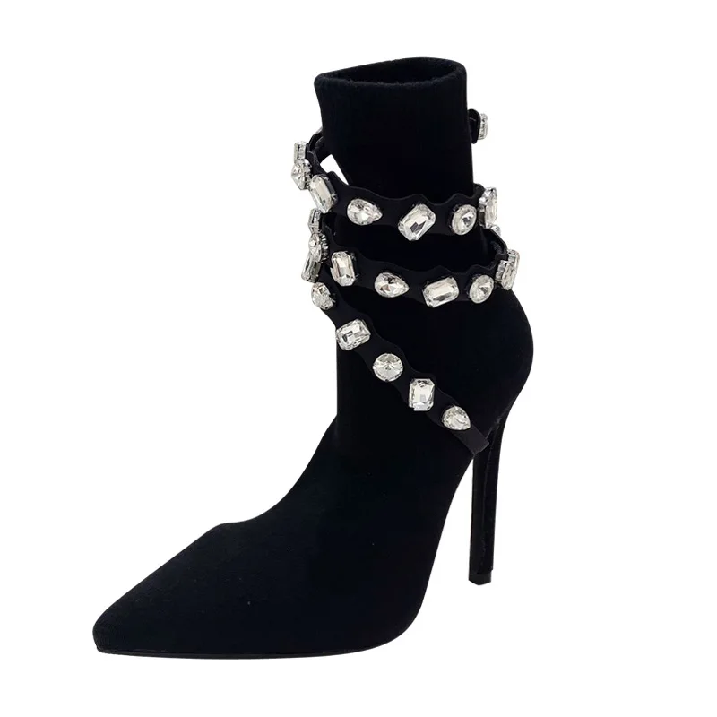 Winter Women Shoes Point Toe Black Platform Stiletto Heels Clear Rhinestone Ankle Short Boots