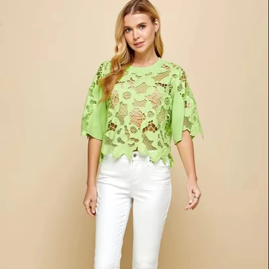 Women's Sexy Summer Floral Woven Lace Half Sleeve Blouse Crew Neck Casual Top With Patches For Daily Life