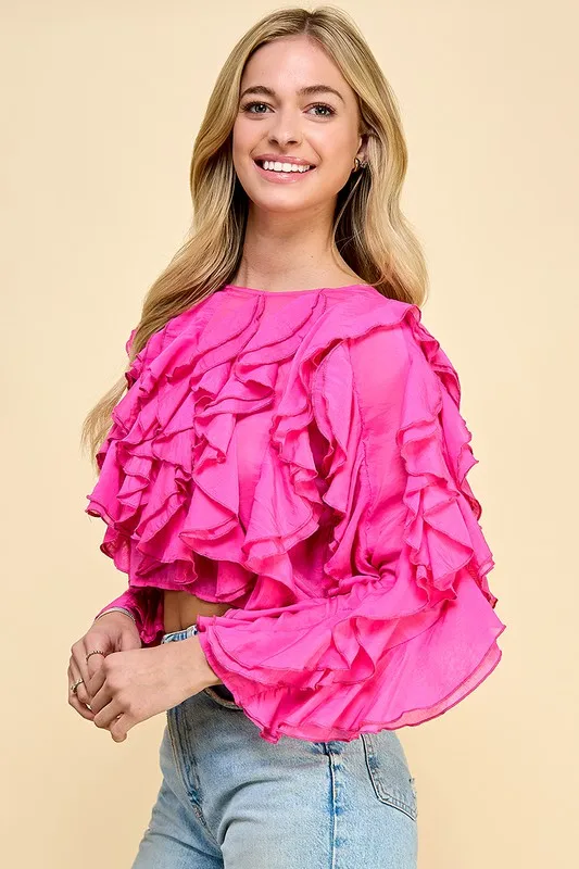 Autumn Tencel Blouse, Romantic Ruffled Cropped Top-suitable For Relaxed Parties And Everyday Wear
