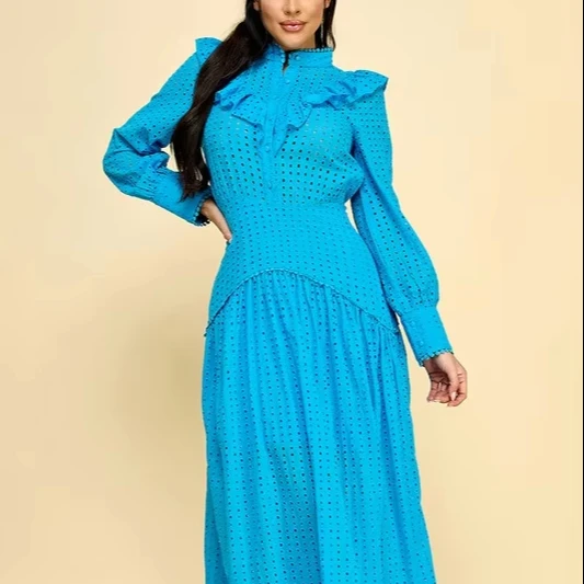 Vintage-style Cotton Dress With Lace Cutouts And Ruffled Hem Button Decoration Natural Waistline 100% Woven Cotton