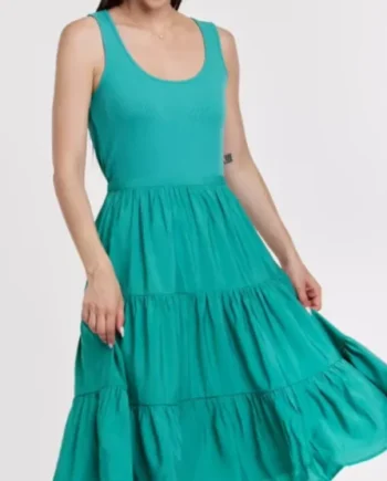 Women's Green Rib Fabric Stitching Comb Fabric Layered Long Dress-sleeveless, Round Neck, Suitable For Casual Going Out