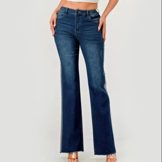 Lady's Breathable Denim Flare Pants Simple Craft Leisure Rhinestone Design Colorful Mid-waist Jeans For Spring/summer Season