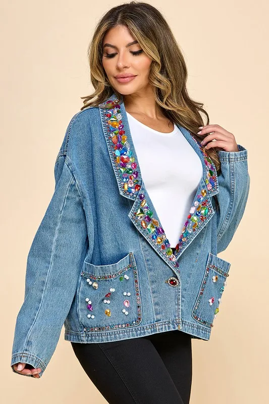 Women's Loose Denim Coat Coat Casual Street Dress Embroidery 3d Rhinestone Craft Autumn And Winter