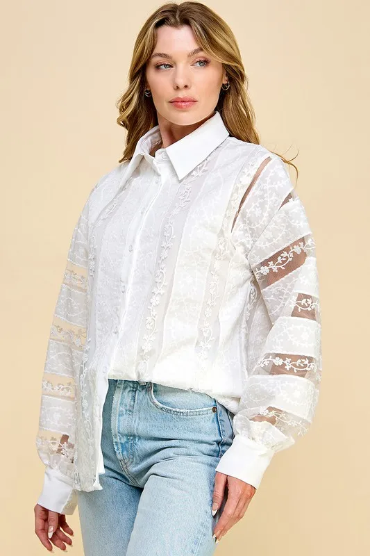 Women's Button-down Blouse With Sheer Lace Panel & Long Puff Sleeves Casual Outings Perfect Shirt