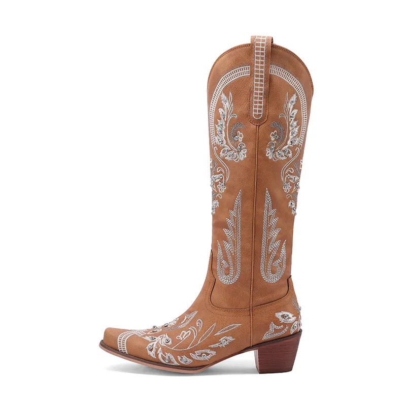 Hot Selling Female Floral Embroidery Knee High Boots Pointed Toe Women Chunky Heel Rhinestone Western Cowboy Boots