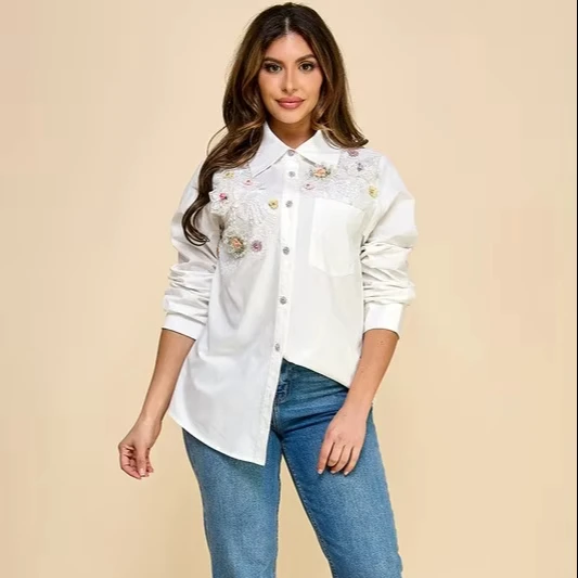 Women's Long Sleeve White Shirt - Floral Embroidery, Button - Down, Perfect For Daily Wear