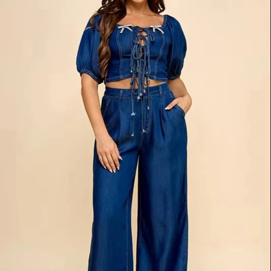 Women's Sexy Vintage Denim Two-piece Set Puff Sleeves Lace-up Crop Top And Wide-leg Pants For Summer Beach Vacations