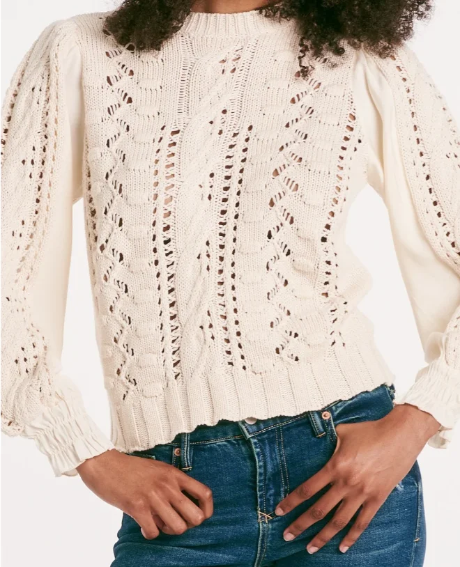 Women's Cream Crochet Sweater - Cable Knit & Openwork, Balloon Sleeves, Ideal For Casual Outings