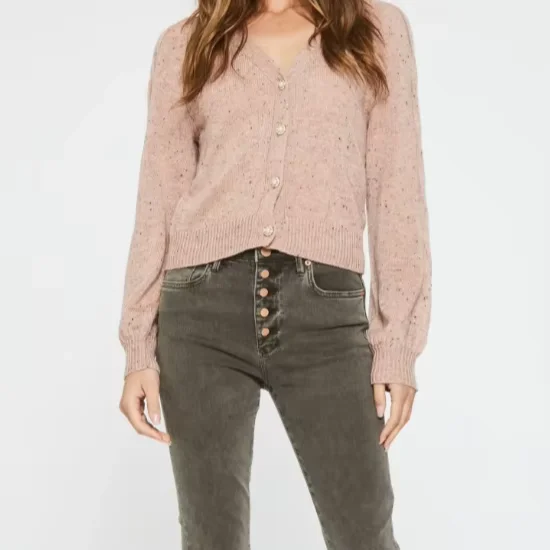 Women's Light Pink Miscellaneous Sweater Long Sleeve Cardigan-v-neck, Pearl Single Row Of Buttons, Suitable For Casual Going Out