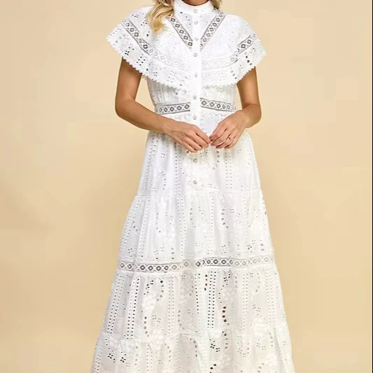 Women's Boho White Maxi Dress With Cape Sleeves Tiered Skirt Crocheted Woven Eyelet Lace Button Decoration For Garden Parties