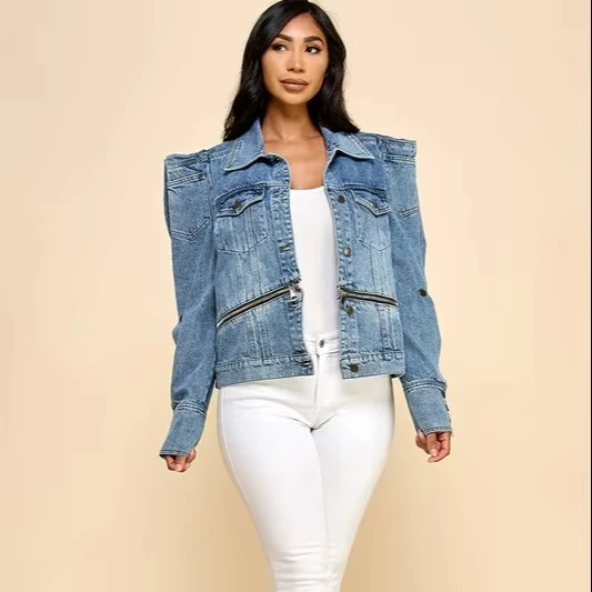 Women's Explosive Water Wash Blue Design Denim Jacket Open Long Sleeve Suitable For Personality Party Street Style