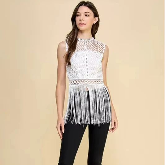 Women's White Bohemian Crochet Top With Fringe Hem And Lace Decoration Summer Season Crop Top Great For Casual Gatherings