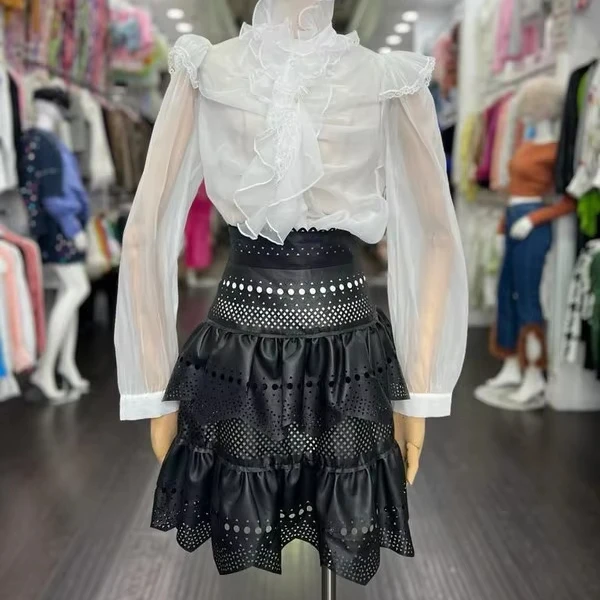 Women's Black Laser - Cut Ruffled Mini Skirt - Hollow - Out Details, Elegant Style, Ideal For Party Gatherings