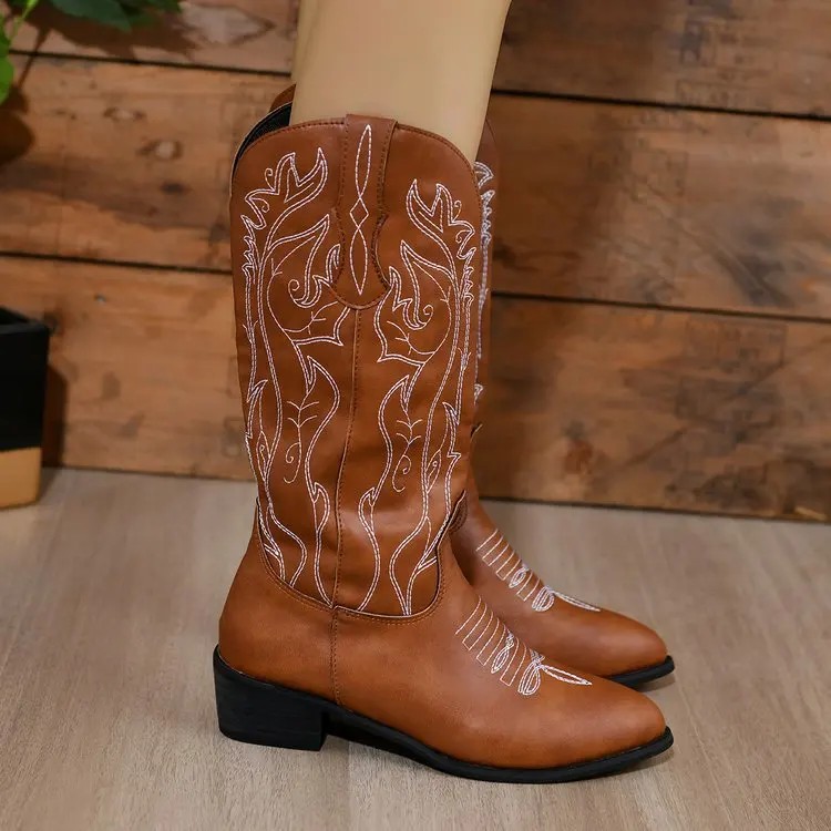 Factory Size 43 Cowgirl Boots Pointed Toe Autumn Winter Slip-on Mid Calf Women Embroidery Western Cowboy Boots