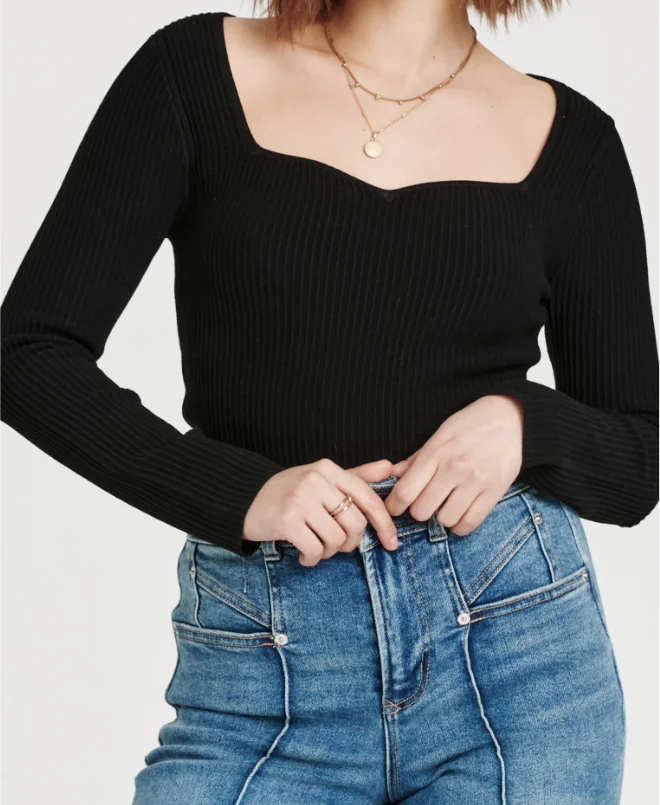 Women's Black Sweater Long-sleeved Top-rib Weave Heart-shaped Collar, Slim Fit, Suitable For Casual Going Out, Daily Wear