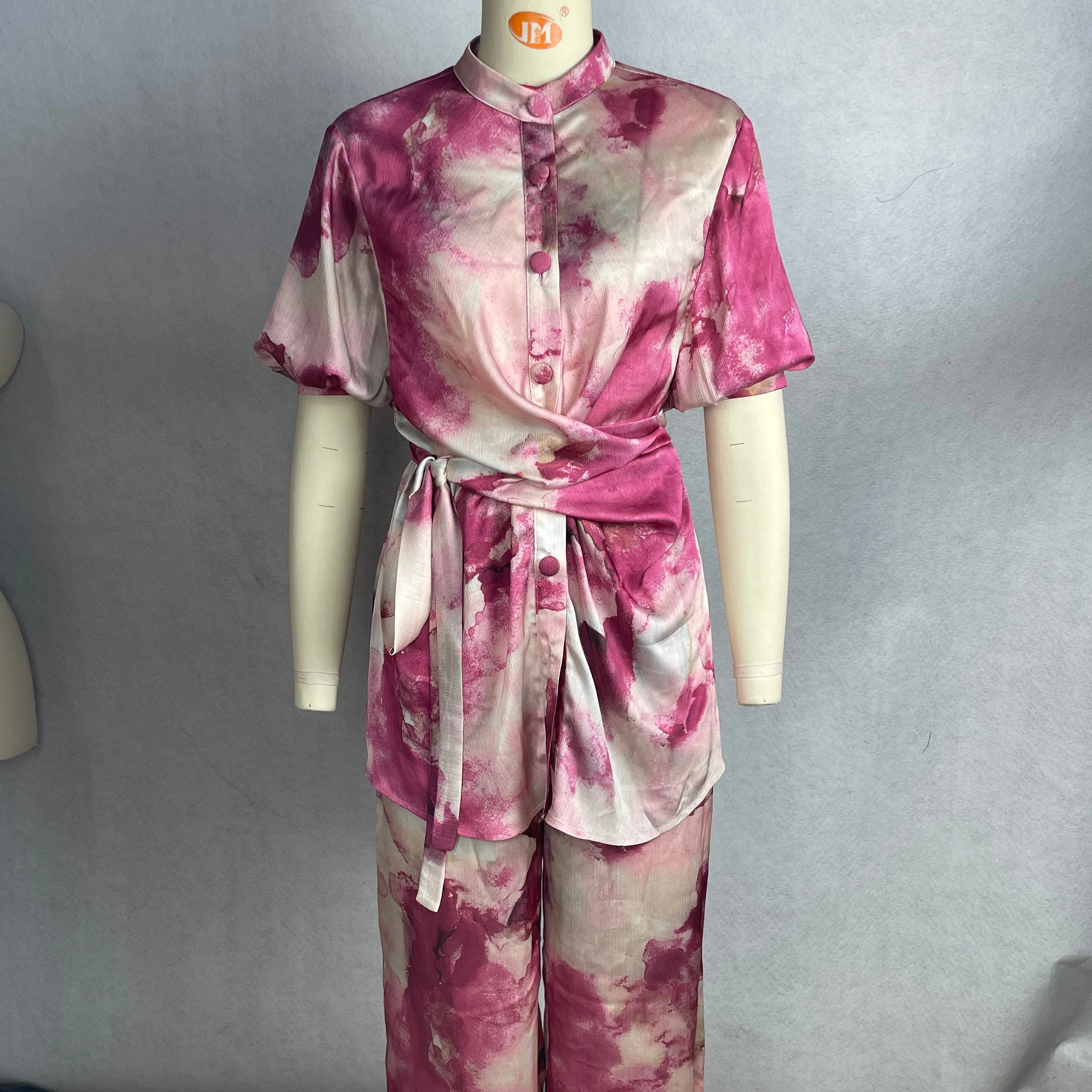 Women's Long Loose-fit Stand Collar Suit Colored Ruffle Tie-dyed Print Button Belt Decoration For Everyday Wear Casual Shopping