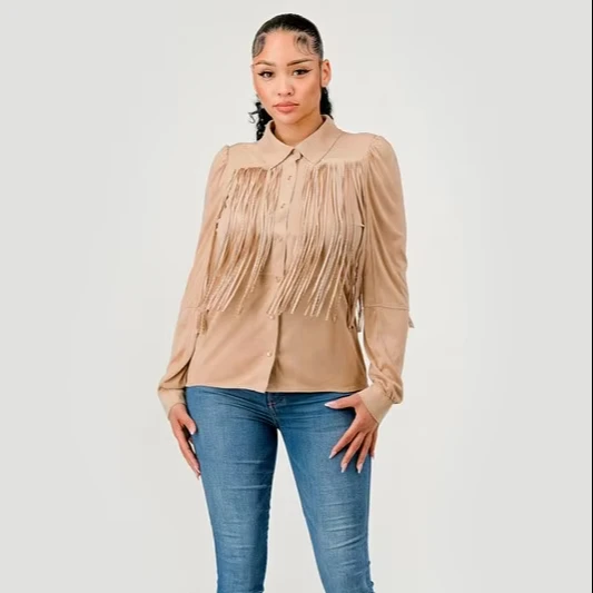 Women's Suede Beige Shirt With Tassel Decoration-long Sleeve, Buckle, Suitable For Casual Outing