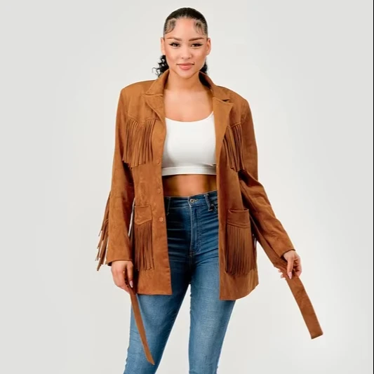 Women's Elegant Velvet Fringe Jacket Long Winter And Autumn Fashion With Woven Button Decoration