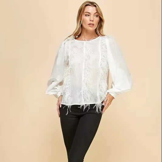 Women's White Feather - Trimmed Blouse - Lantern Sleeves, Elegant Style, Ideal For Party Gatherings