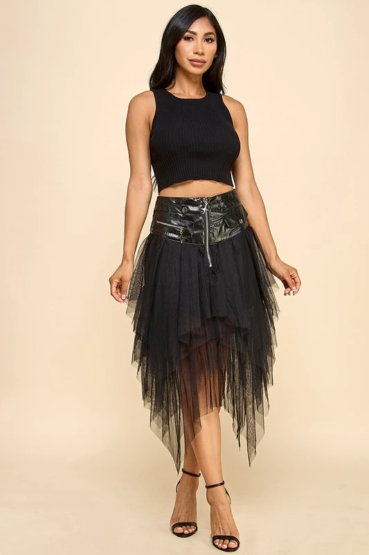 Women's Punk Style Stitching Mesh Skirt High Waist Leather Stitching Irregular Skirt Nightclub Party Hot Sale