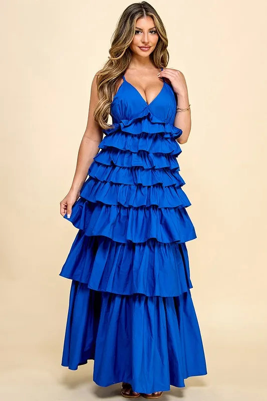 Dresses Women Lady Elegant With V-neck And Tiered Ruffles Sleeveless For Galas - Blue Dress