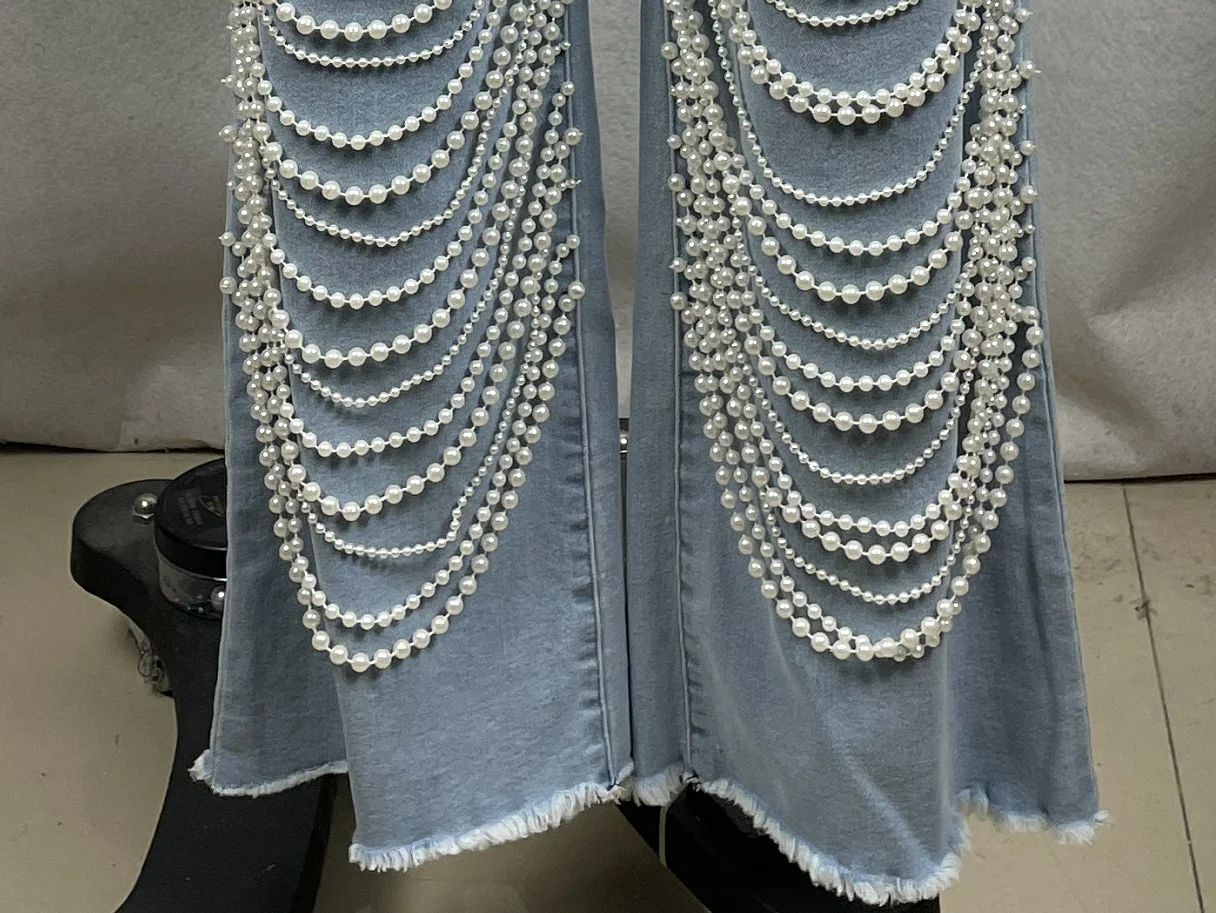 Women's Pearl Embellished Skinny Denim Flare Jeans-high Waist Layered Chain Details Vintage Style For Nightclub Outings