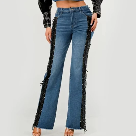 Women's European American Street Fashion Brand Flared Denim Pants Side-stitched Tassel Rivet Belt Button Western-style