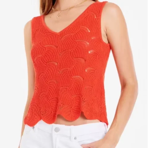 Women's Orange-red Wavy Sweater Crochet Sleeveless Top-scallop Edge, V-neck, Suitable For Casual Outing