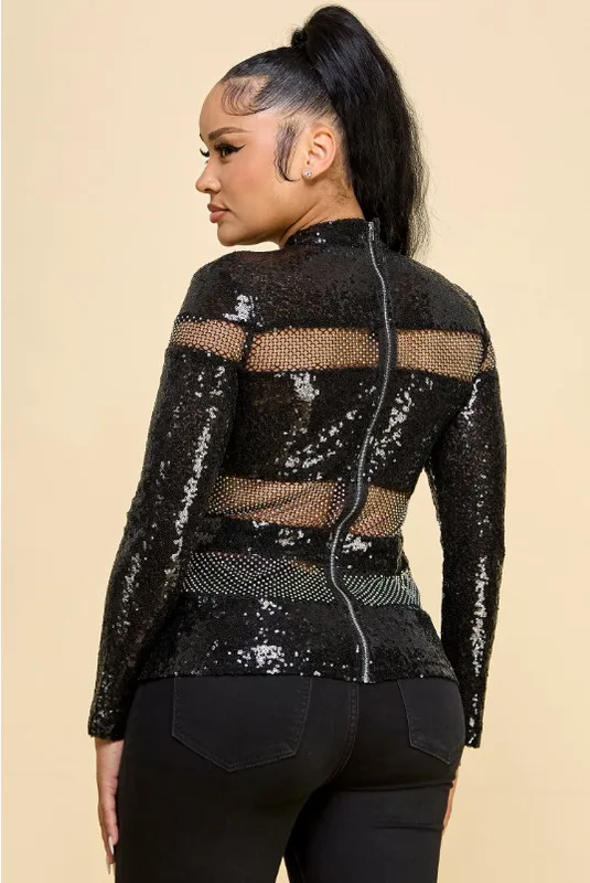 Women's Y2k Retro Hot Girls Style Top With Shining Sequins Mesh Stitching Stand Collar Design-for Night Shop Music Festivals