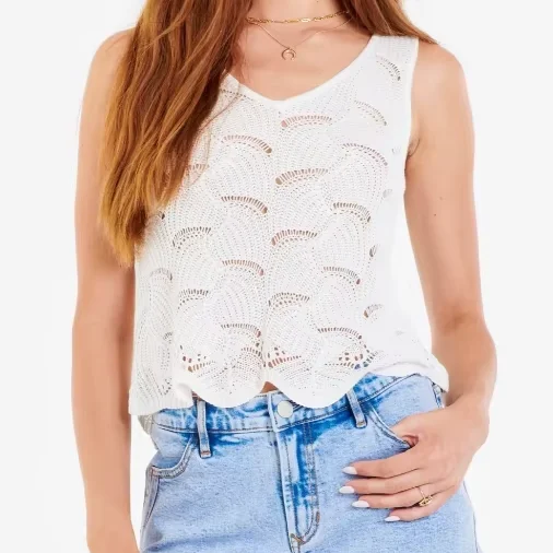 Women's Stylish White Crochet Top - Sleeveless, Scalloped Edges, Great For Light Gatherings