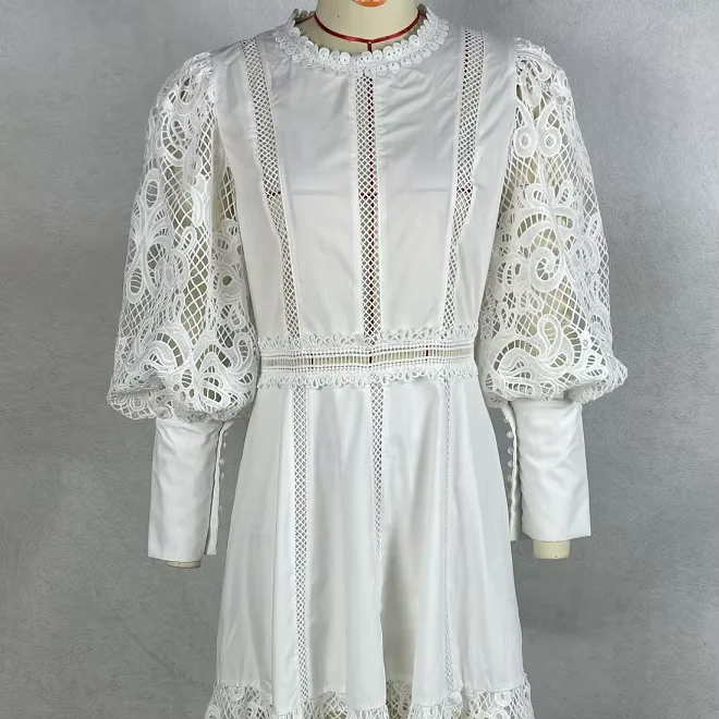 Women's Formal Lace Midi Dress - Puff Sleeves, Crew Neck, Great For Elegant Gatherings