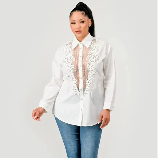 Ladies' Fashion V-neck Mesh Cutout And Embroidered V-shaped Floral Design Drill Shirt