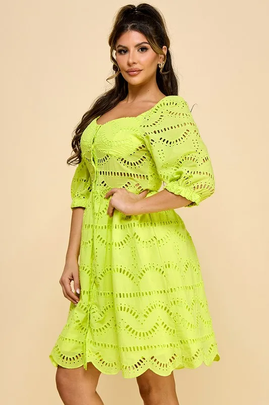 Ladies' 100% Cotton Casual Comfortable Dress With Natural Waistline Woven And Embroidered Mesh