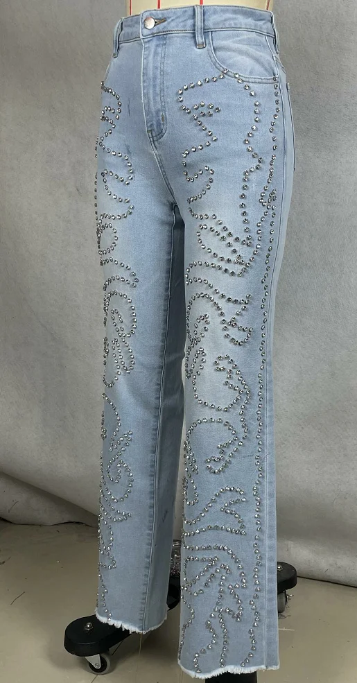 Women's High-waisted Flare Jeans For Nightclub Rhinestone Embellished Trendy Skinny Denim Washable Great For Summer Hangouts