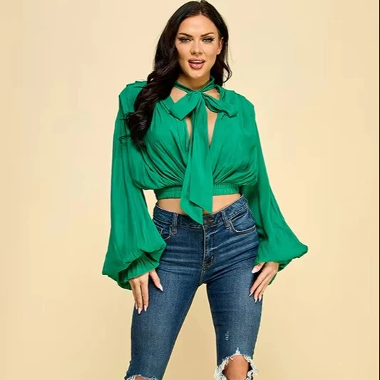 Women's Green Tie-neck Crop Fit Top With Puff Sleeves Woven Sexy Style For Spring And Winter Party Gatherings
