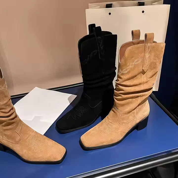 New Style Cowgirl Leather Boots Square Toe Wide Calf Soft Suede Genuine Leather Women Western Heel Boot