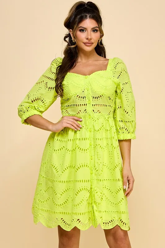 Ladies' 100% Cotton Casual Comfortable Dress With Natural Waistline Woven And Embroidered Mesh