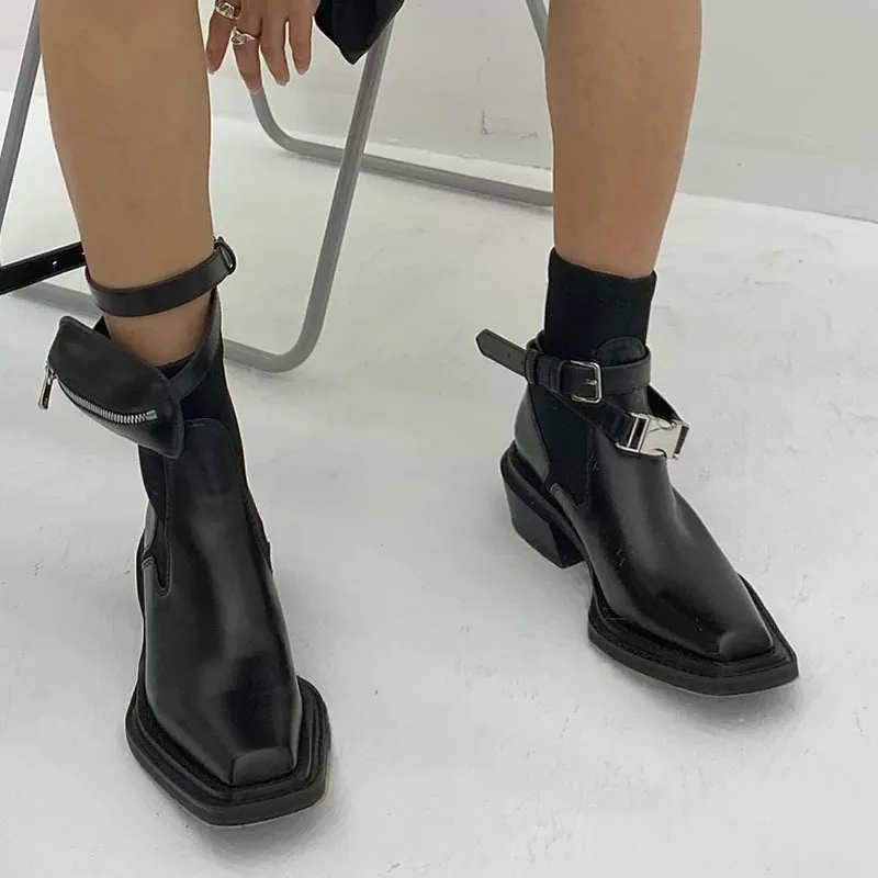 Female Chunky Heel Fashion Black Short Boot With Adjustable Strap And Pocket Square Toe Women Ankle Boots