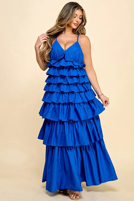 Dresses Women Lady Elegant With V-neck And Tiered Ruffles Sleeveless For Galas - Blue Dress