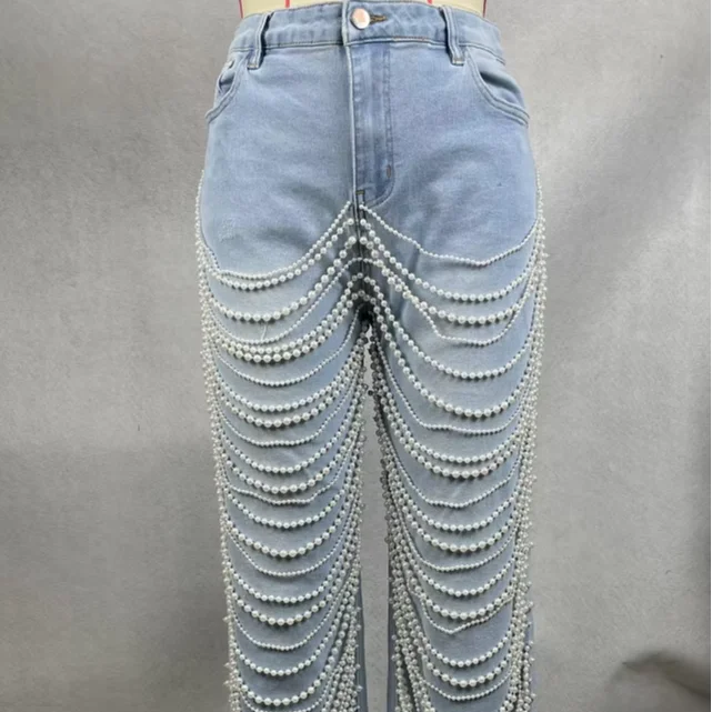 Women's Pearl Embellished Skinny Denim Flare Jeans-high Waist Layered Chain Details Vintage Style For Nightclub Outings