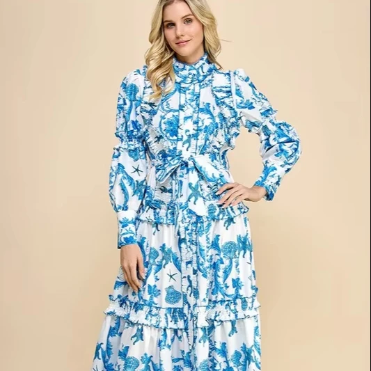 Women's Blue-white Floral Maxi Dress With Ruffled Details High Neck Button Decoration Digital Printed For Coastal Vacations