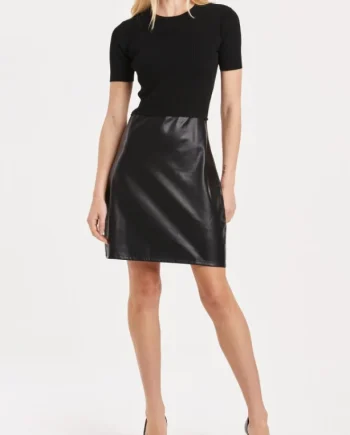 Girls' Daily Commuting Slim Fit Black Sweater Dress With Faux Leather Round Neck And Short Sleeves Midi Length