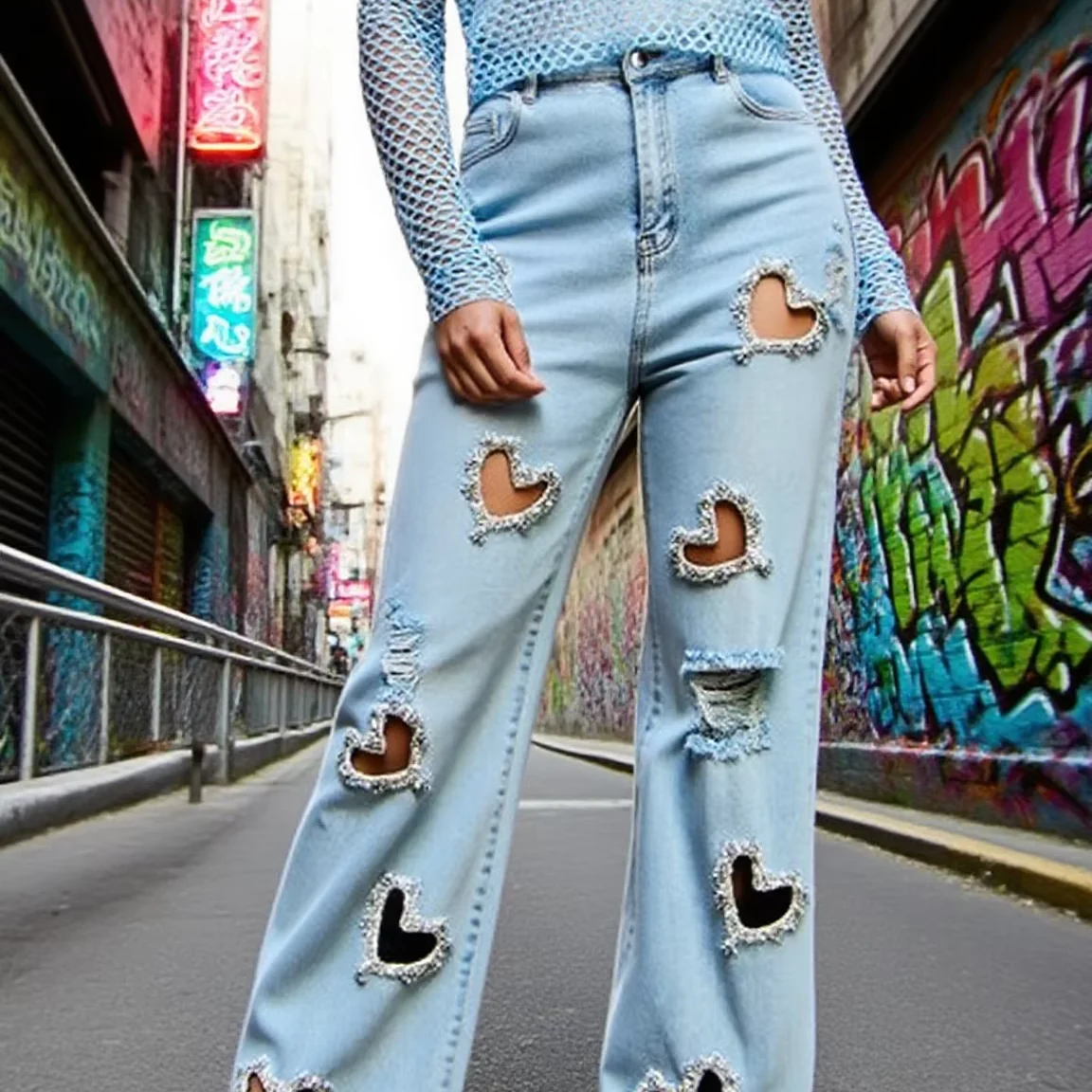 Women's Light-colored Loose-fitting Denim Trousers With Heart-shaped Cutout Wash-up For Summer Music Festivals With Waist